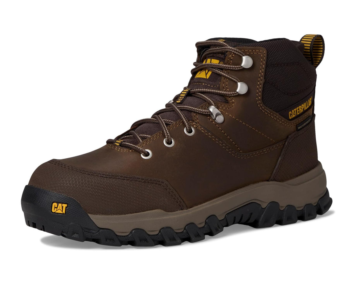 Men's brown Caterpillar-style hiker boots with lace-up closure and padded ankle support