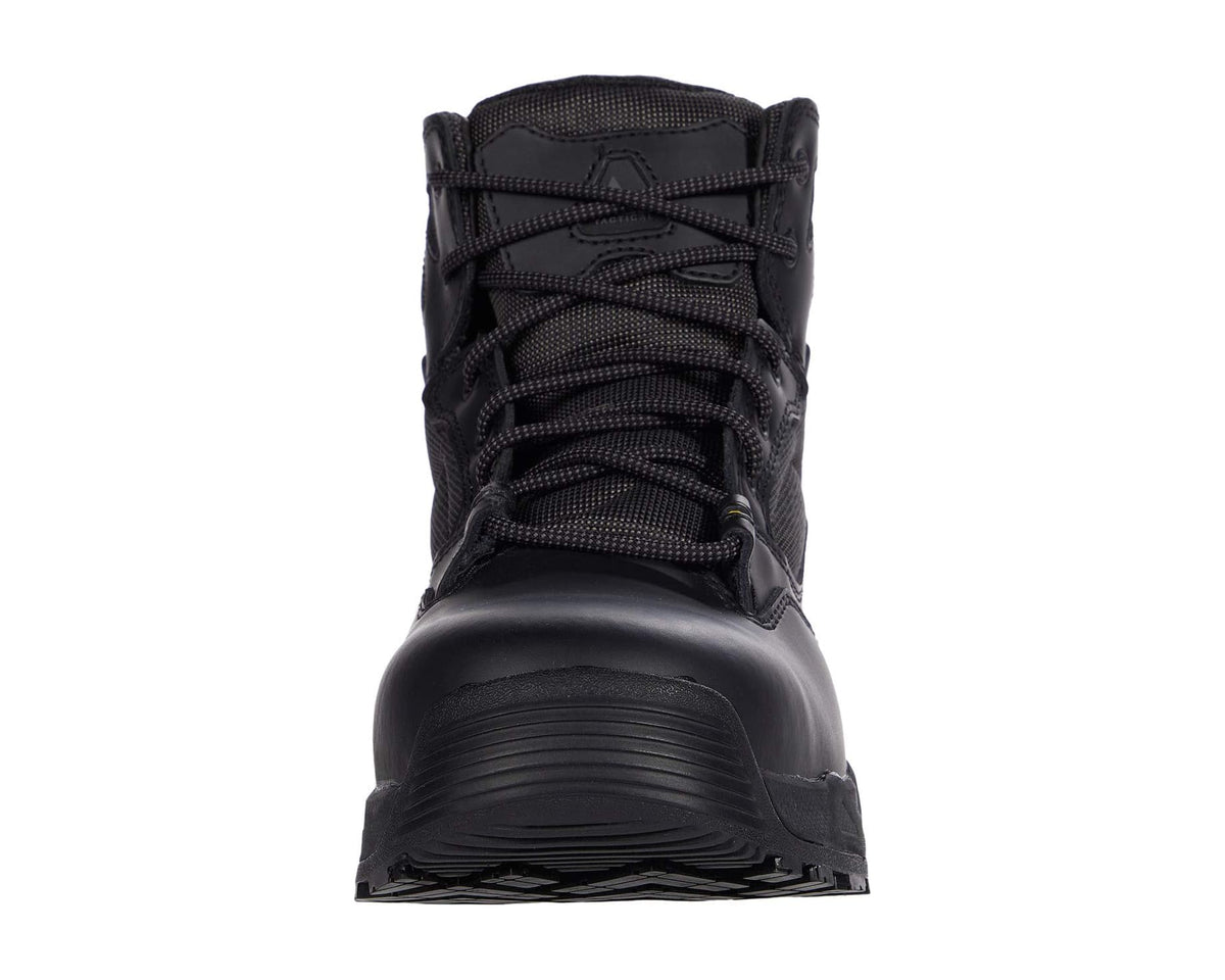 Black men's work boot front view with thick sole and lace-up closure