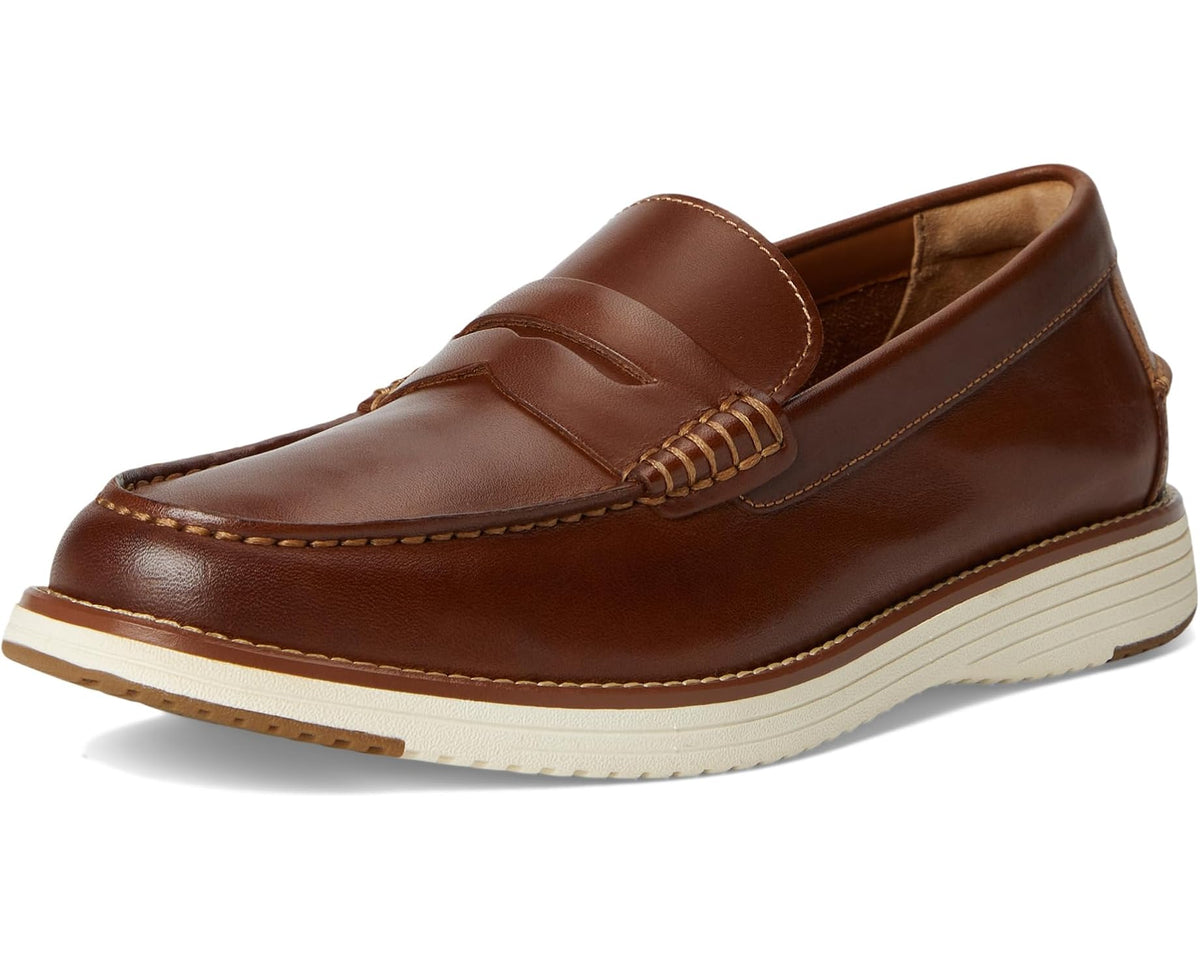 Men's penny loafer angled front, brown full-grain leather upper with lace-style vamp detail