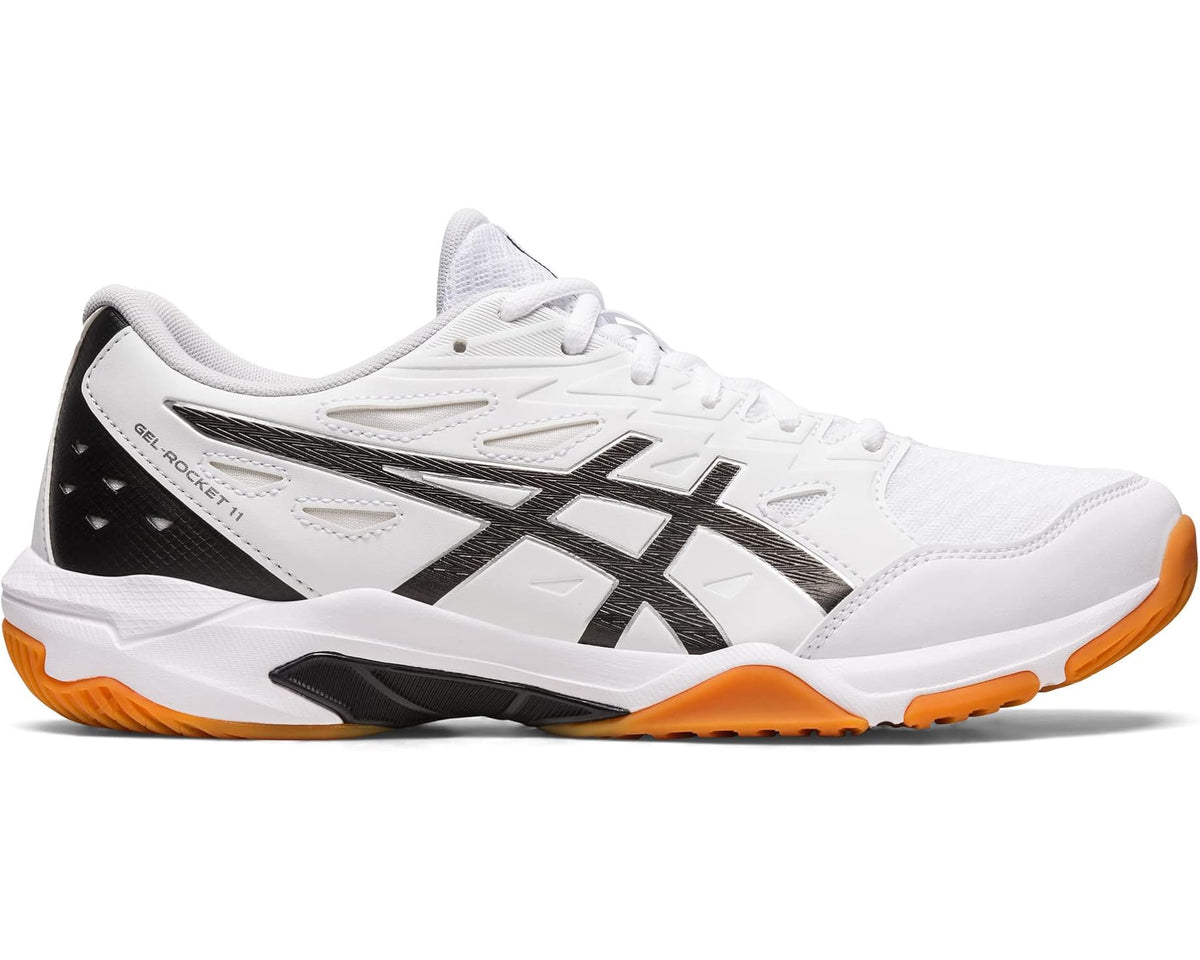 Men's ASICS volleyball shoe, white upper with black stripes and orange outsole, angled view