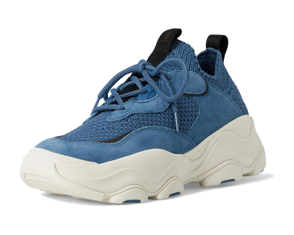 Atlas knit trainer sneaker side view in dark chambray blue with cream sole