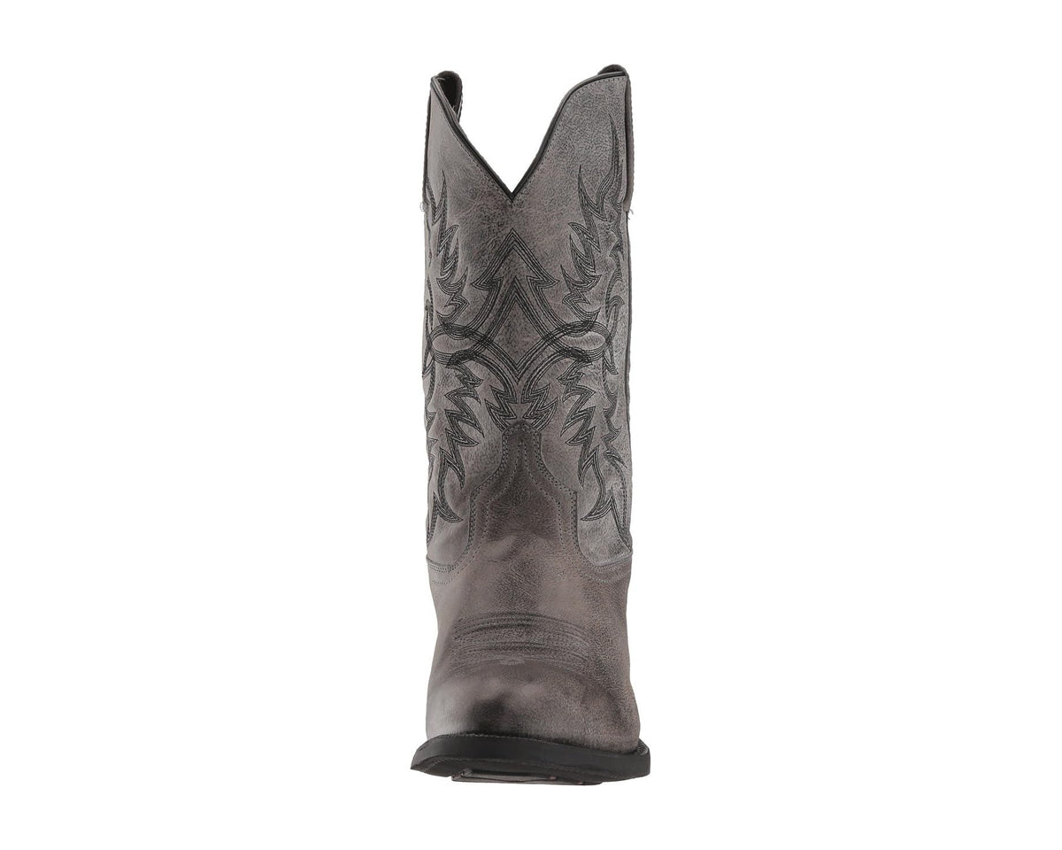 Grey cowboy boot angled rear view with tall shaft and leaf embroidery