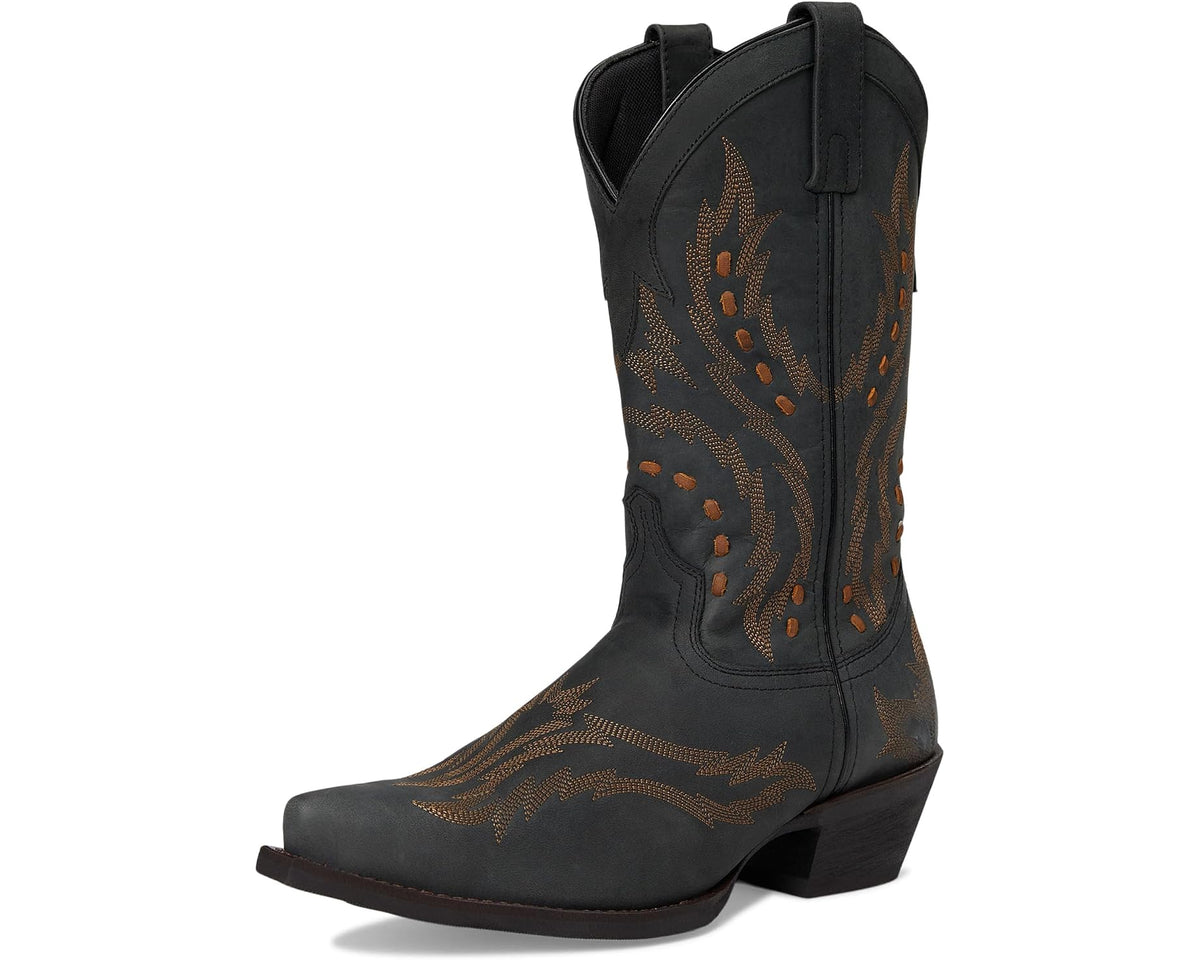 Men's black cowboy boots front three-quarter view with brown embroidery