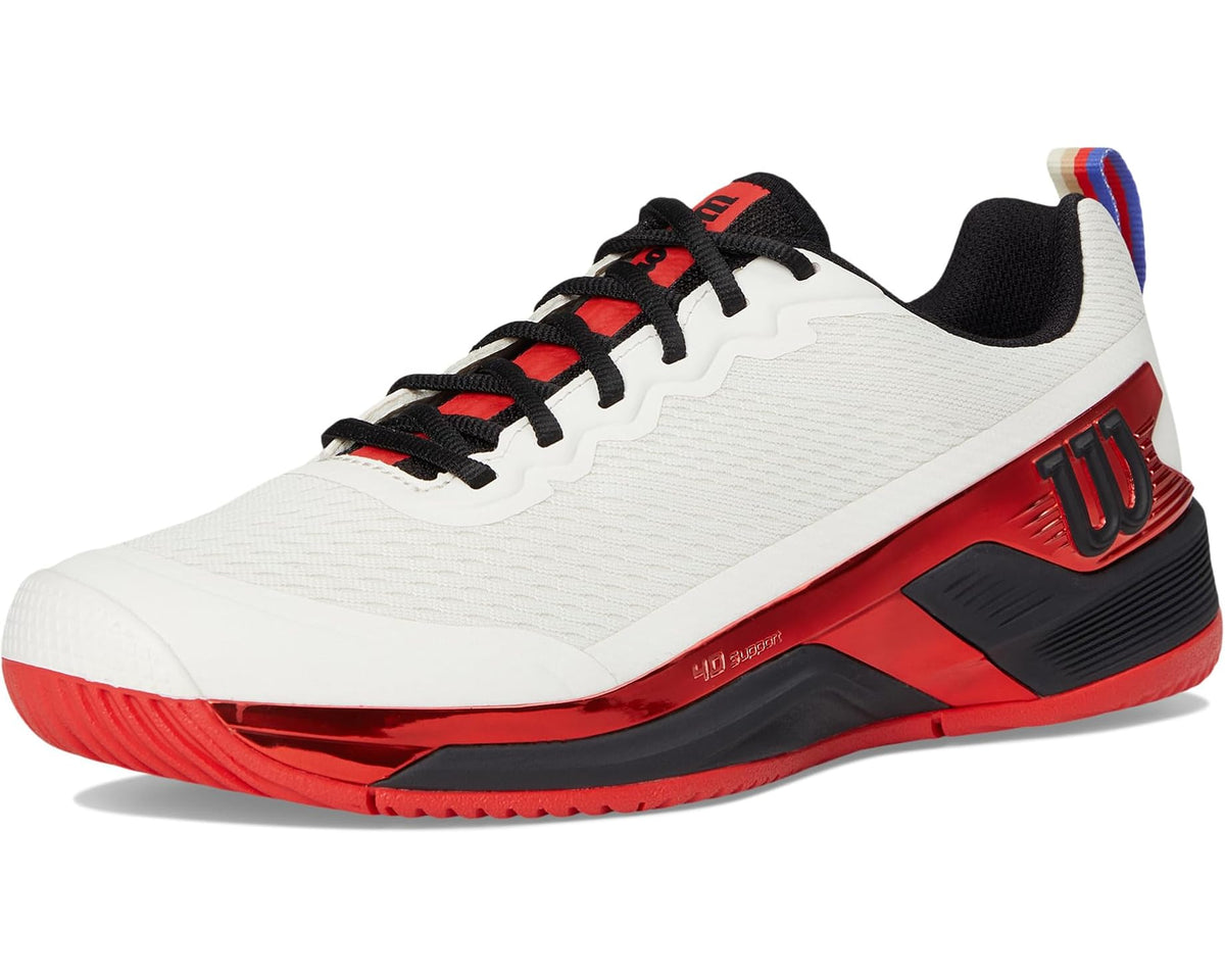 Men's white and red tennis shoe angled view with black laces and cushioned sole