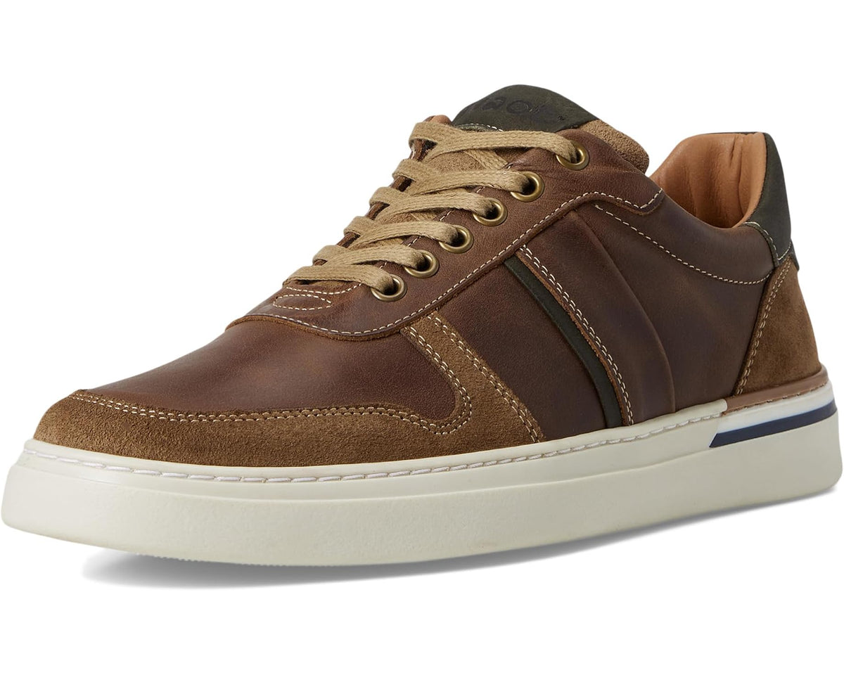 Men's Naot low-top sneakers front 3/4 view in brown, tan and dark green lace