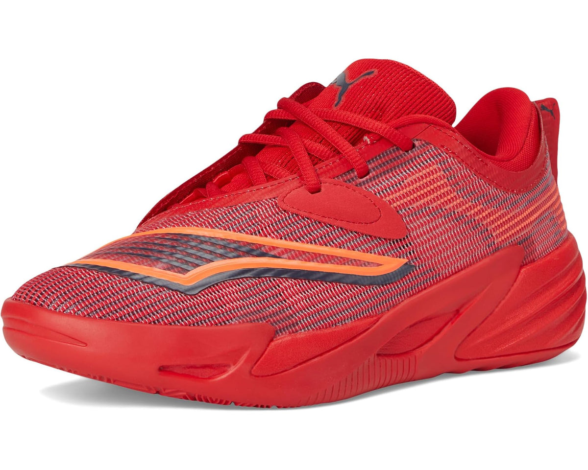 Red lace-up running shoe with textured upper, blue accents, and padded collar