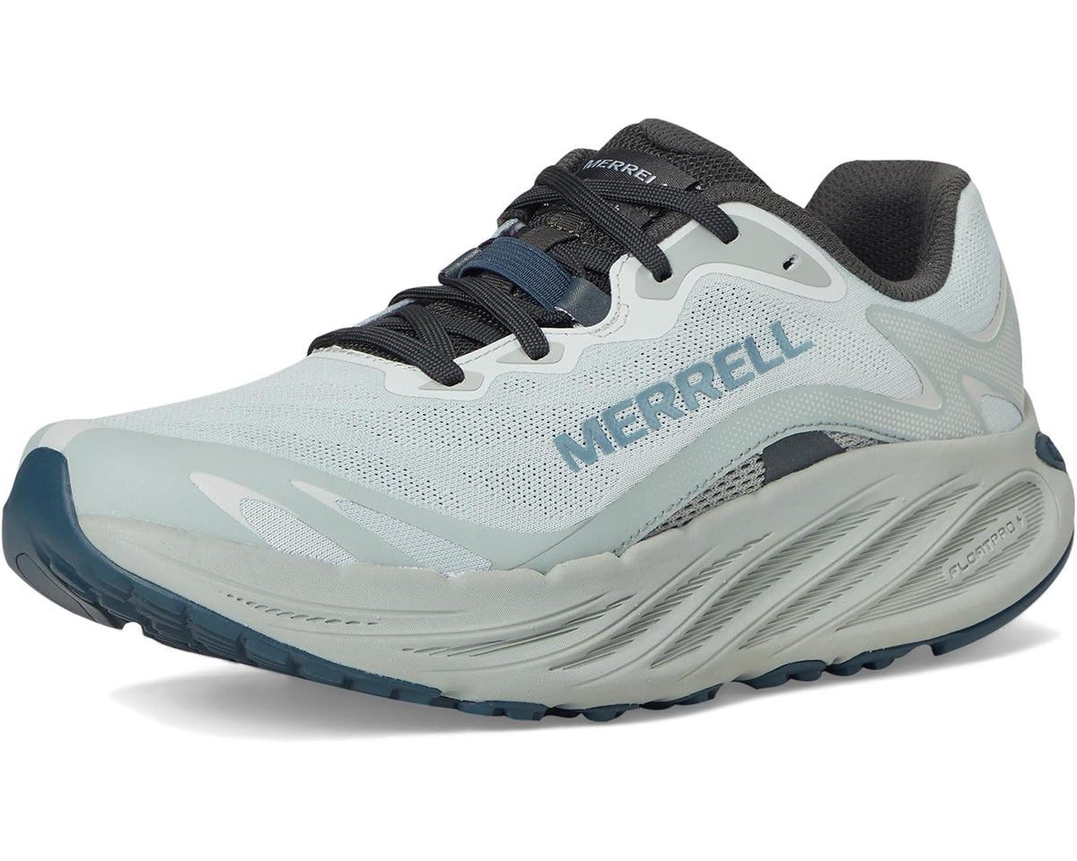 Light blue and white Merrell men's running shoe with black laces and blue outsole