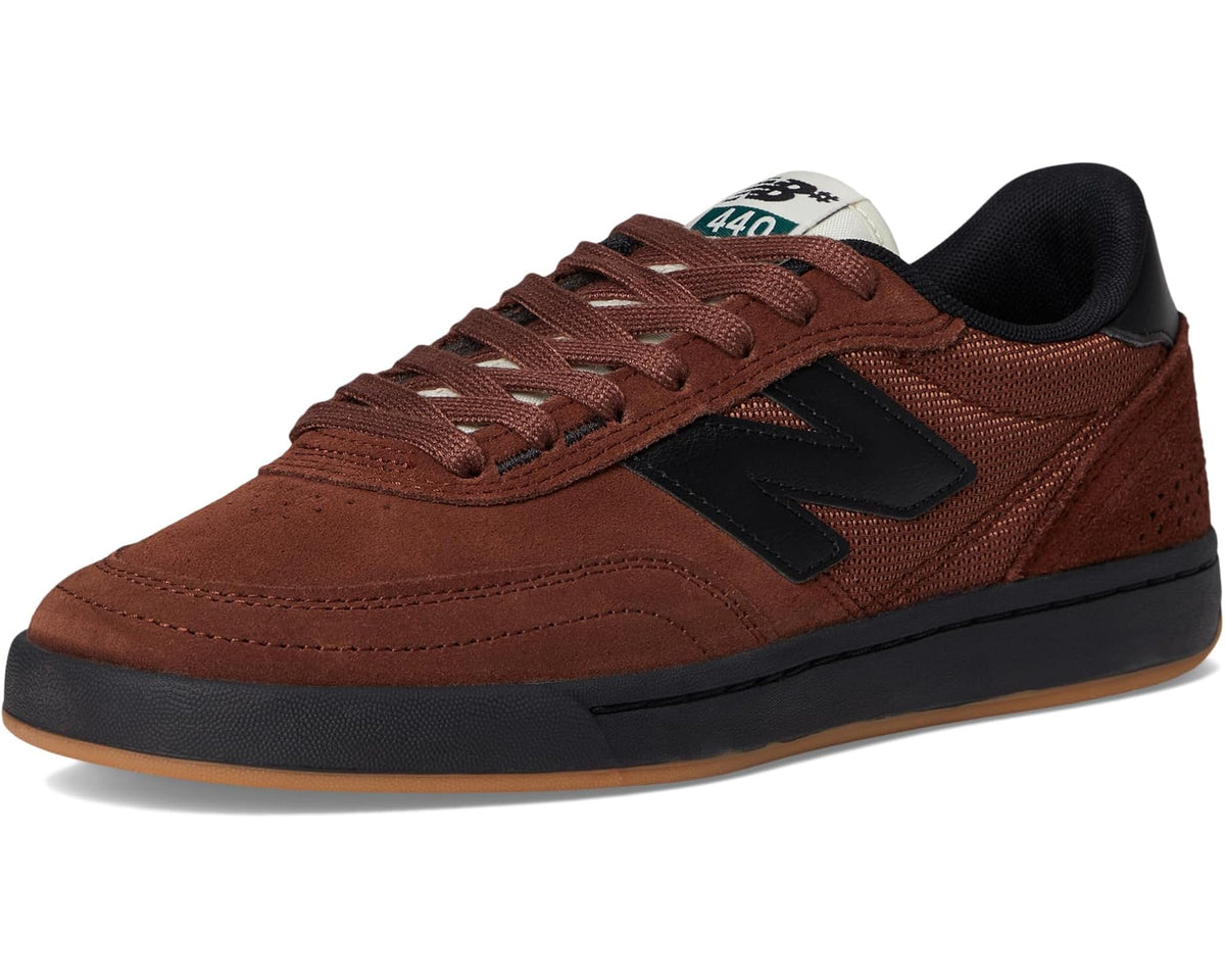 Men's New Balance 440 V2 skate shoes, brown suede with black accents and gum outsole
