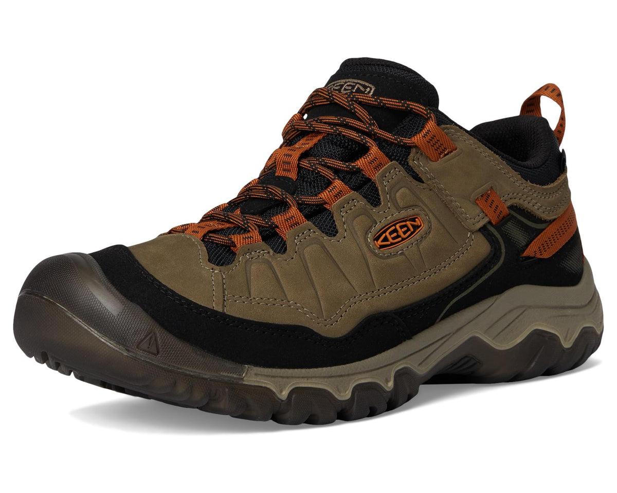 Men's KEEN waterproof hiking shoe, tan and black with orange laces and side logo