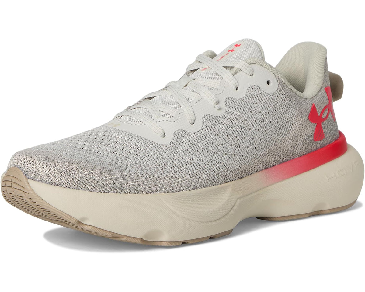 Men's Under Armour front view running shoes, light gray knit with red heel logo