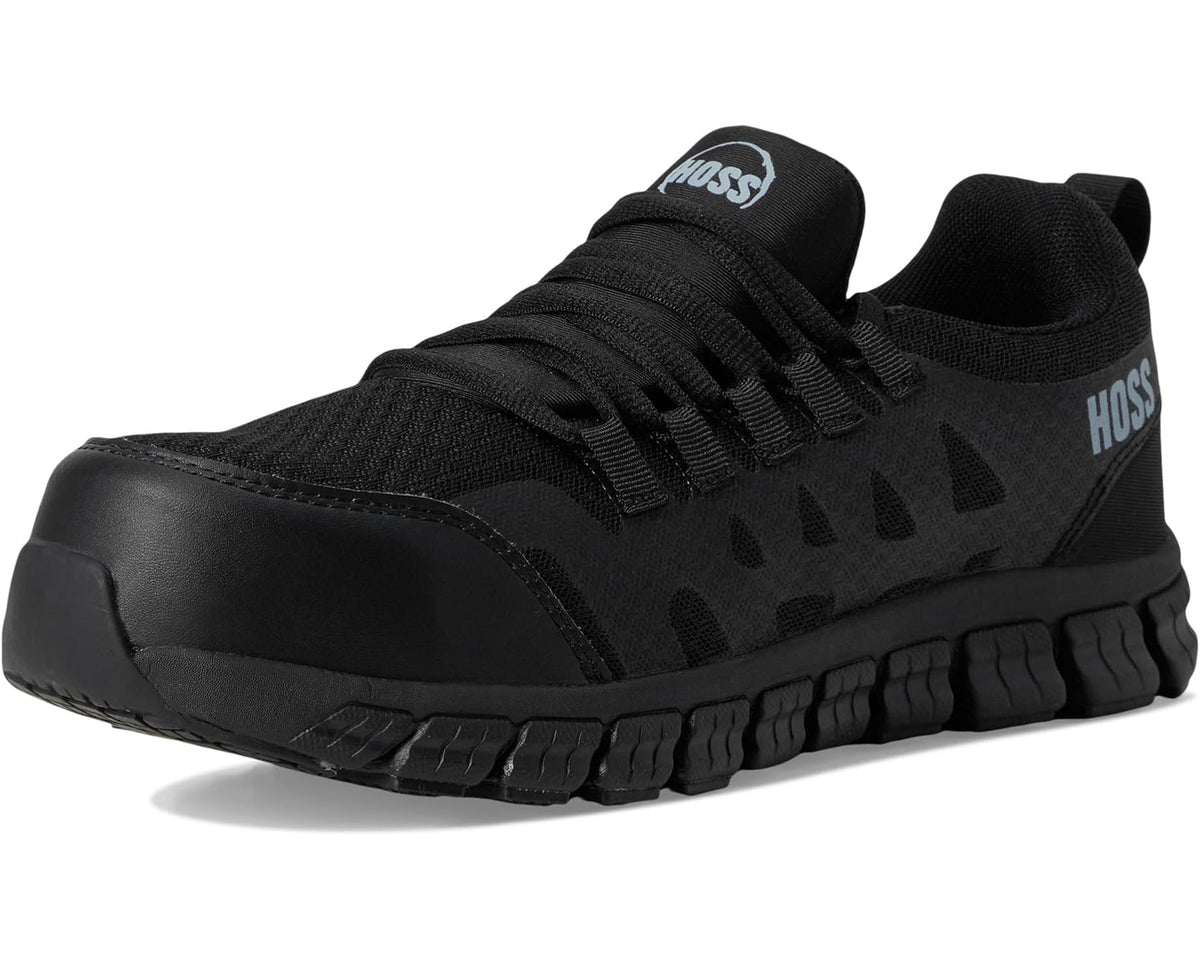 Black low-profile lace-up sneakers with HOSS branding and durable traction sole