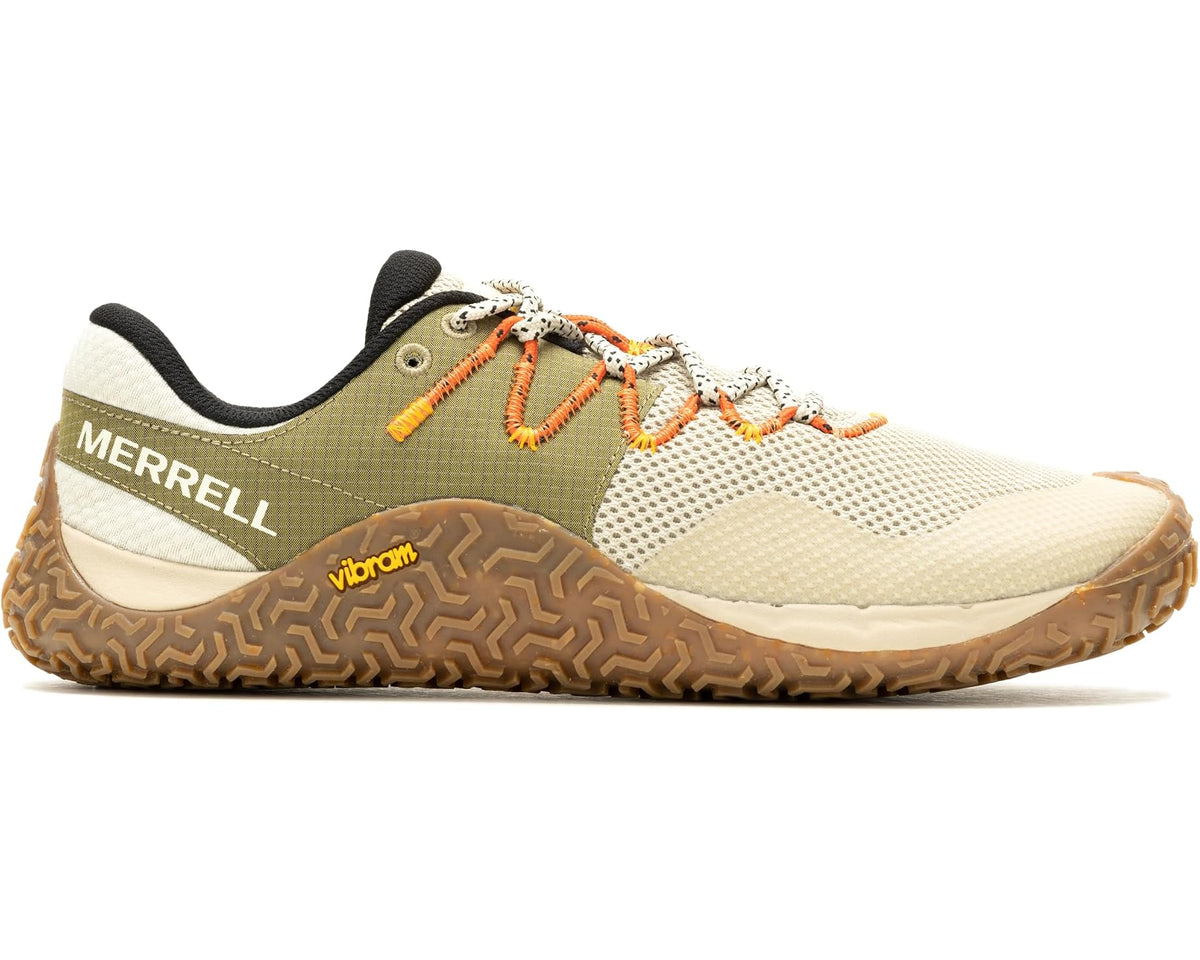 Men's Merrell trail shoe front view with green mesh upper, orange laces, hex tread