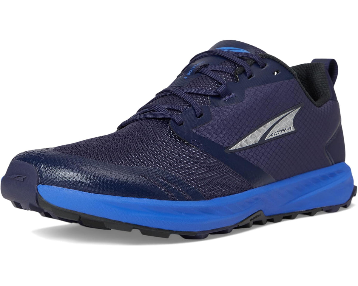 Profile view of dark blue lace-up running shoe with blue outsole and Altra logo.