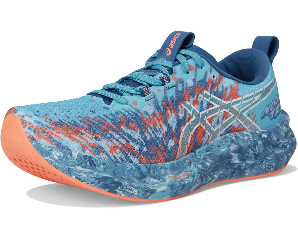Men's ASICS running shoes front three-quarter view with light blue upper and orange sole
