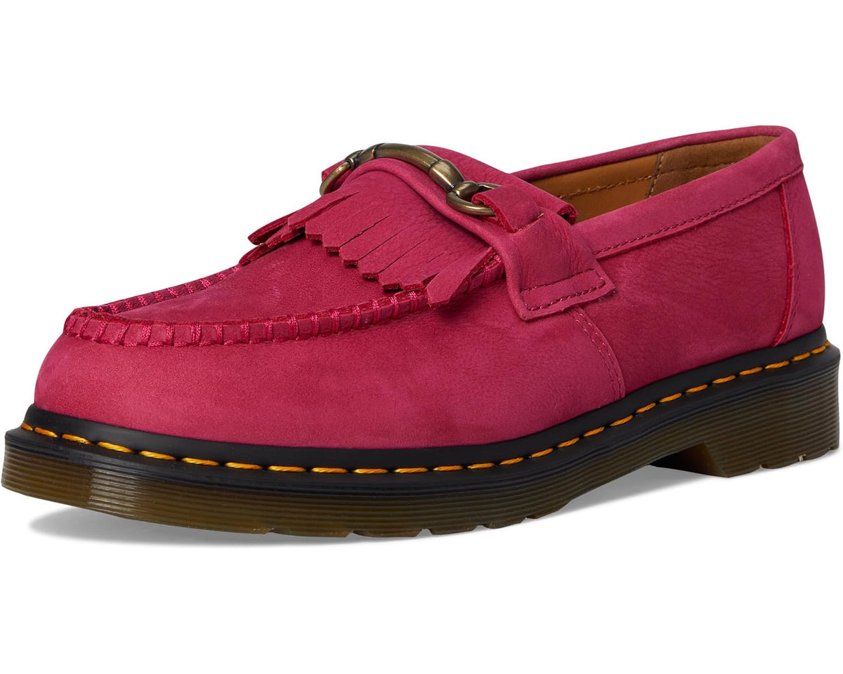 Fuchsia pink suede loafer with fringed moc toe and bronze snaffle bit