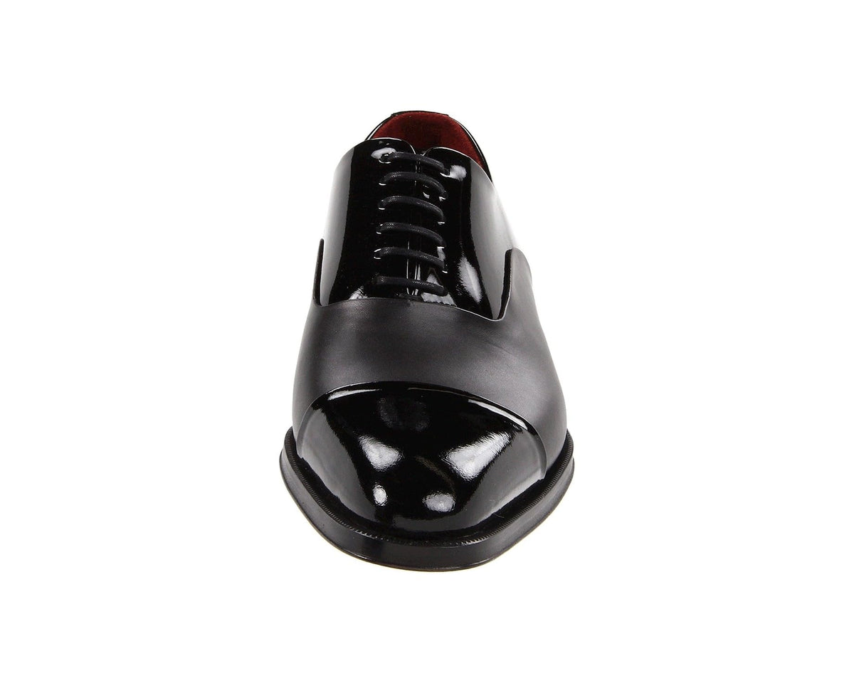 Black patent leather lace-up oxford dress shoe with black laces and shiny toe