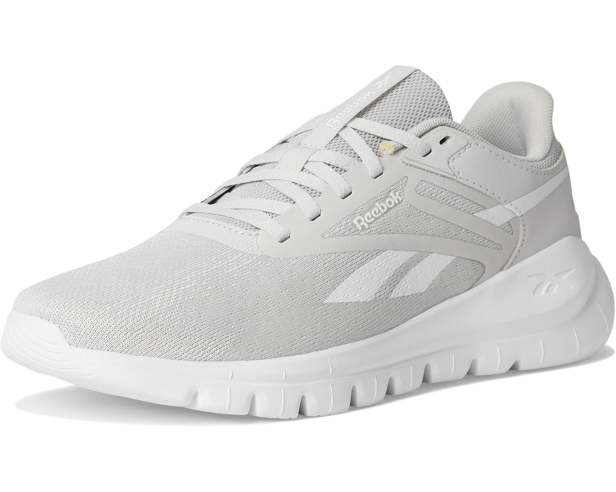 Men's Reebok Flex running shoe front view with mist grey knit upper and white sole