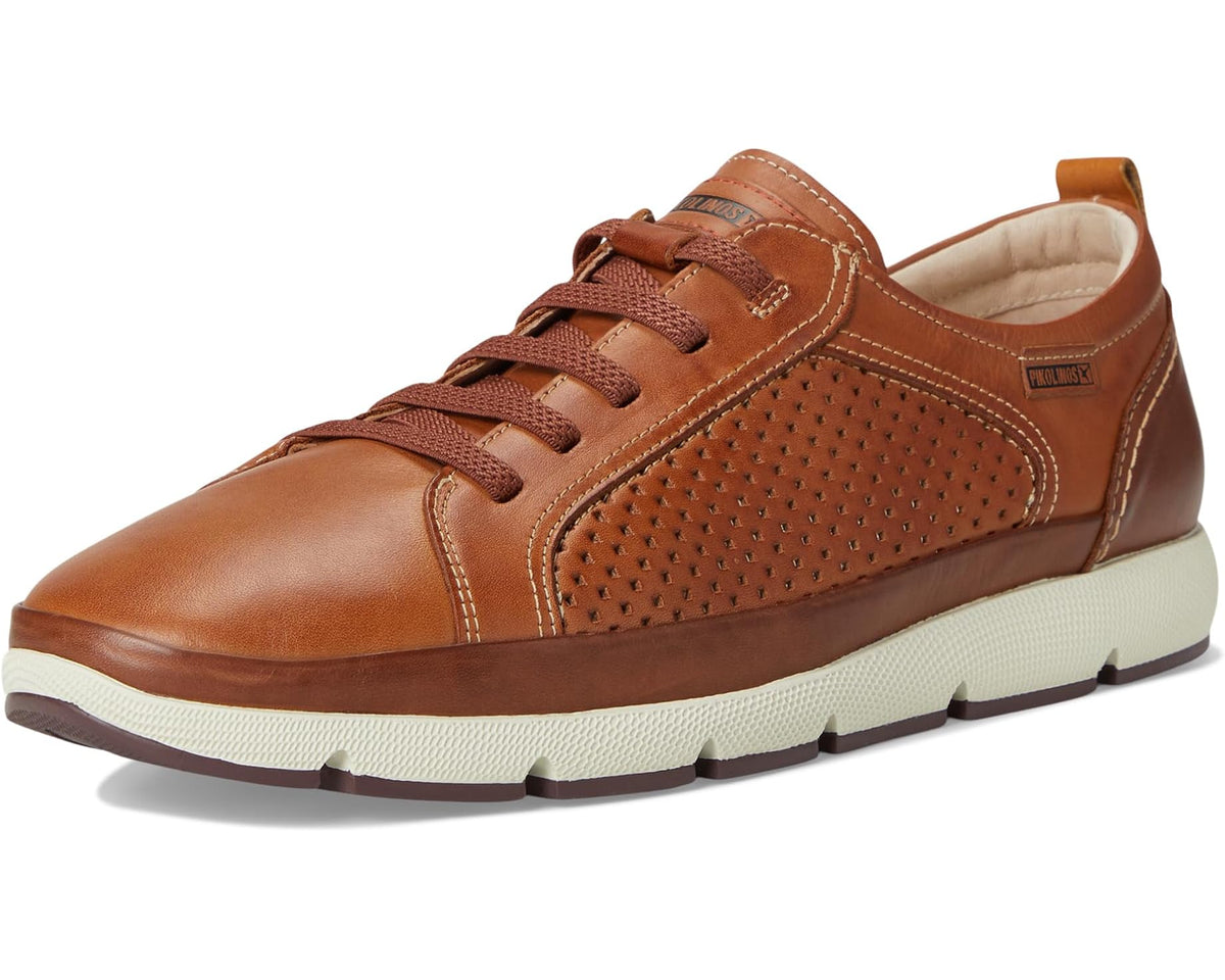 Men's PIKOLINOS lace-up sneaker with tan-brown leather upper and perforated side panel