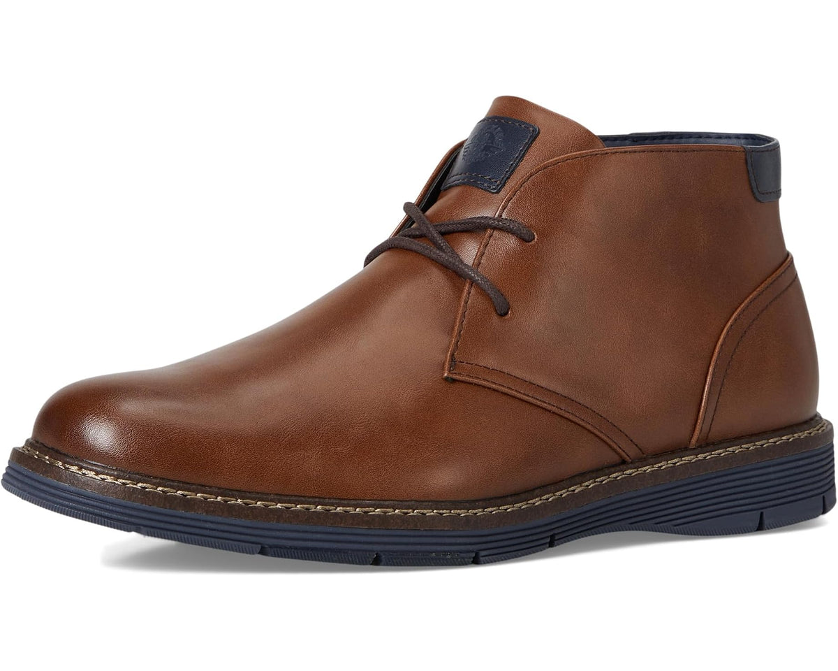 Men's cognac leather lace-up ankle boot with navy side panels and rubber sole