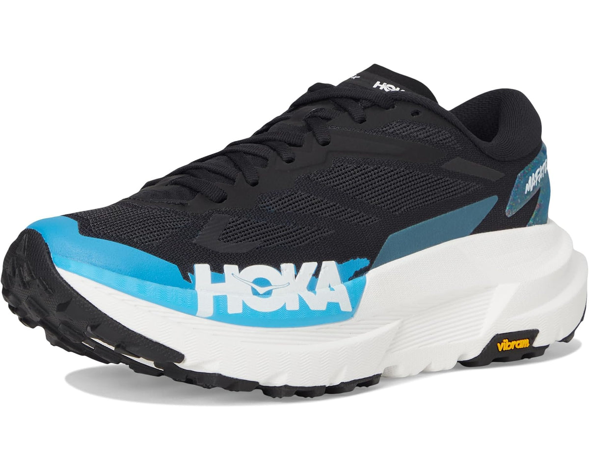 Men's Hoka Mafate X trail running shoe, black upper with blue HOKA midfoot and white sole