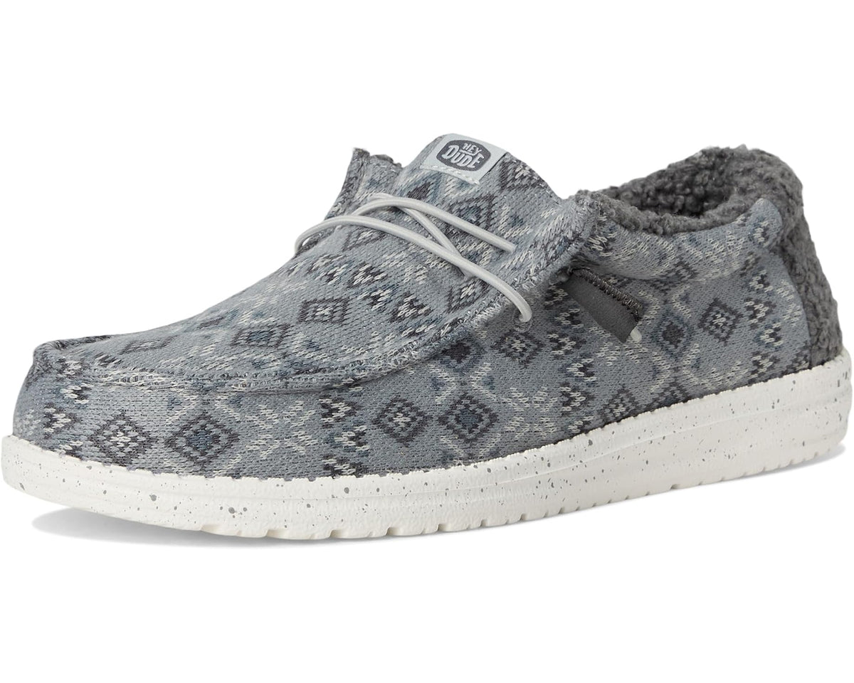 Men's Hey Dude Wally knit sneaker front three-quarter view in grey geometric print