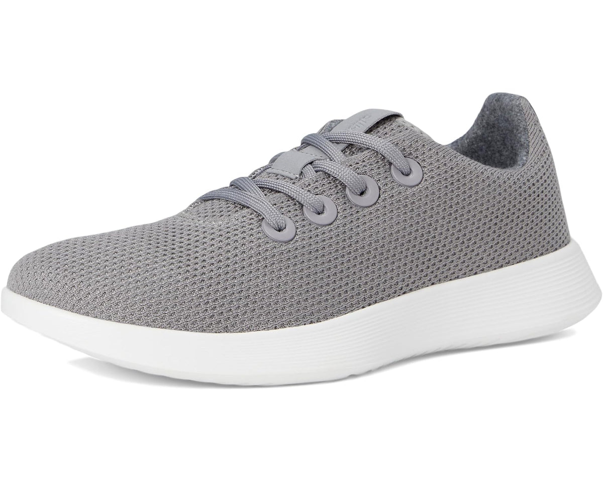 Men's Allbirds gray knit lace-up running shoes with white rubber sole and heel tab
