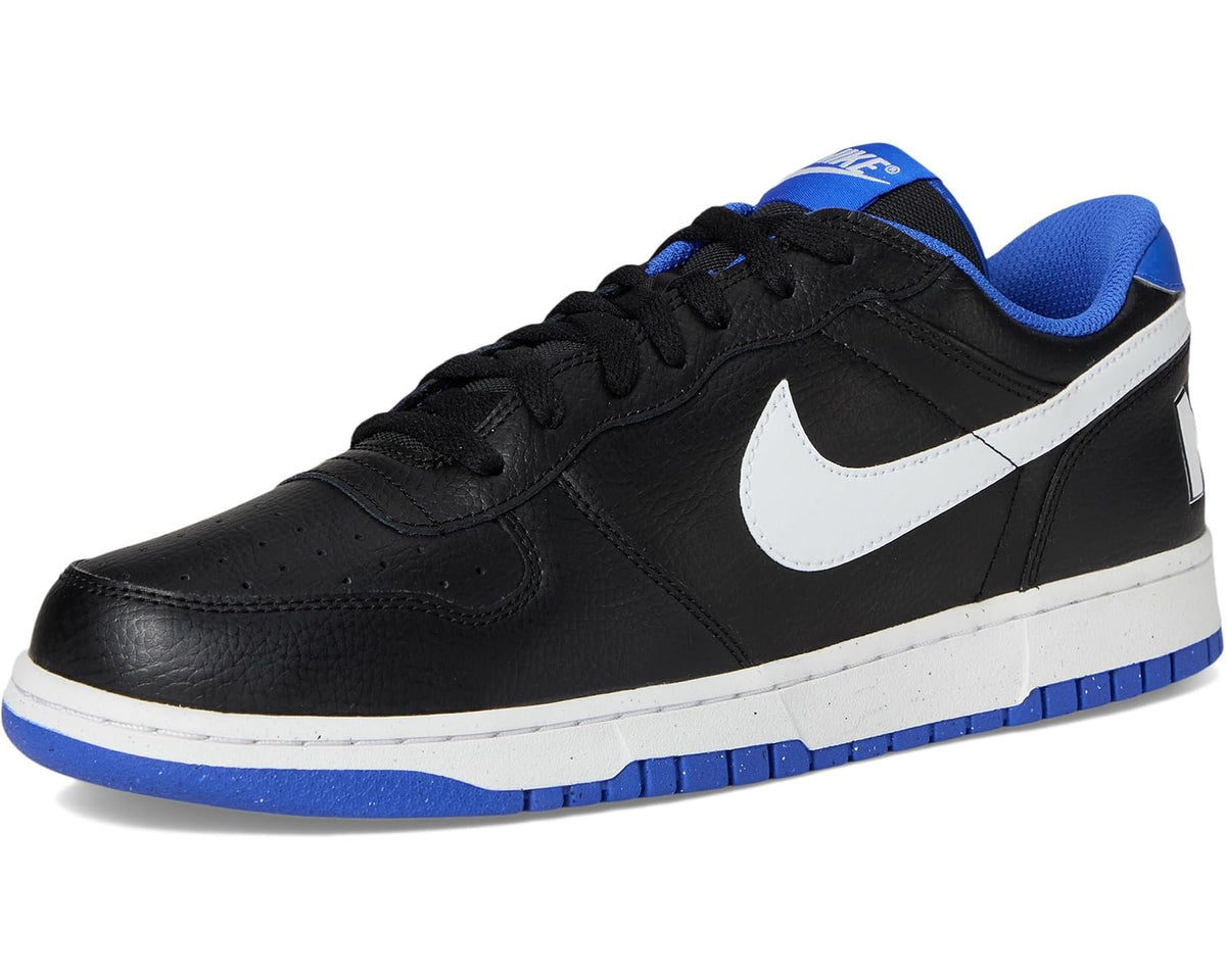 Nike low-top sneakers, angled side view: black leather with white swoosh and blue collar.