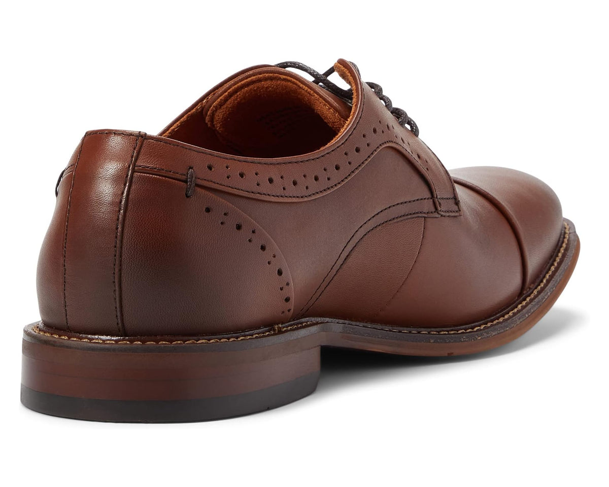 Men's cap-toe oxford shoes, chocolate brown leather, rear view with heel and collar