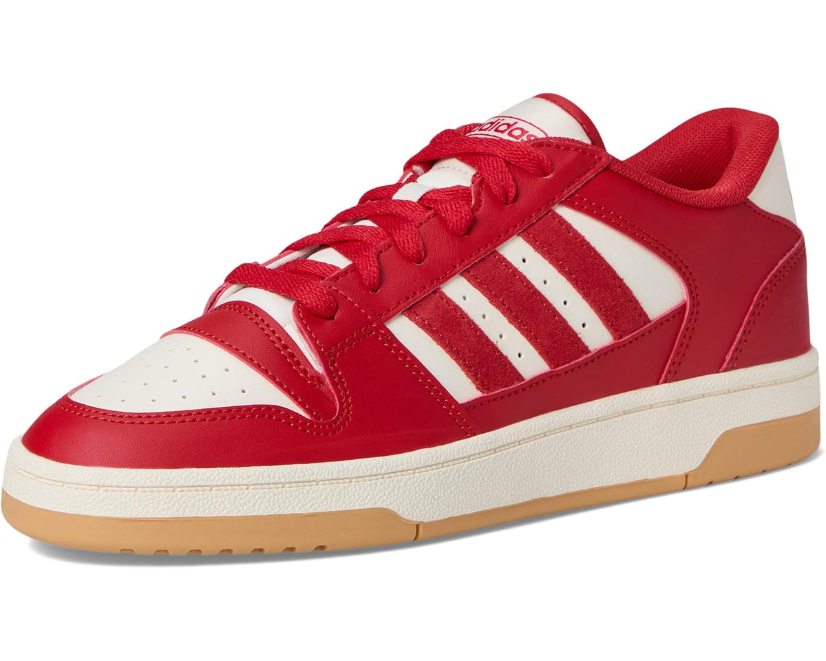 Red adidas low-top sneakers with white three stripes and gum-style sole.