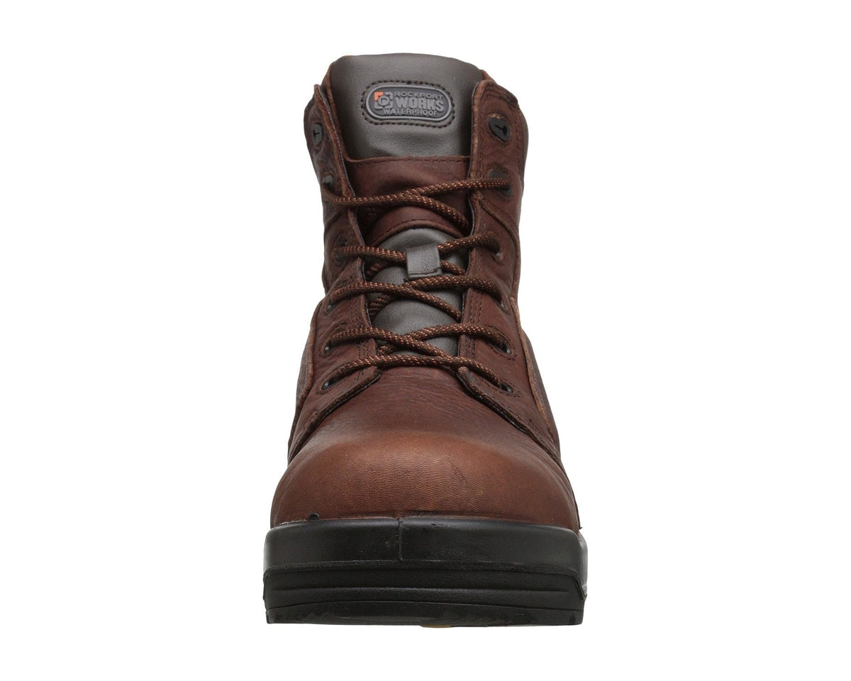 Brown leather lace-up work boot with padded tongue and dark rubber toe guard