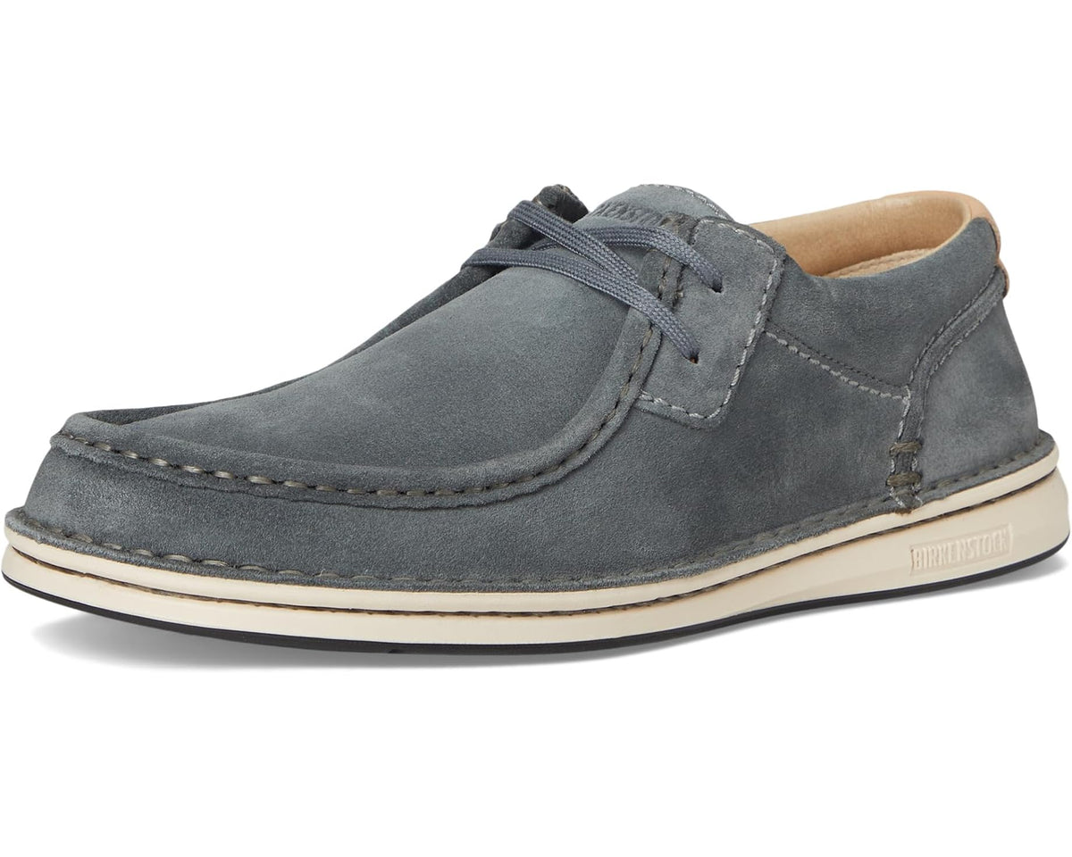 Men's Birkenstock suede lace-up shoes, angled front view with stitched upper