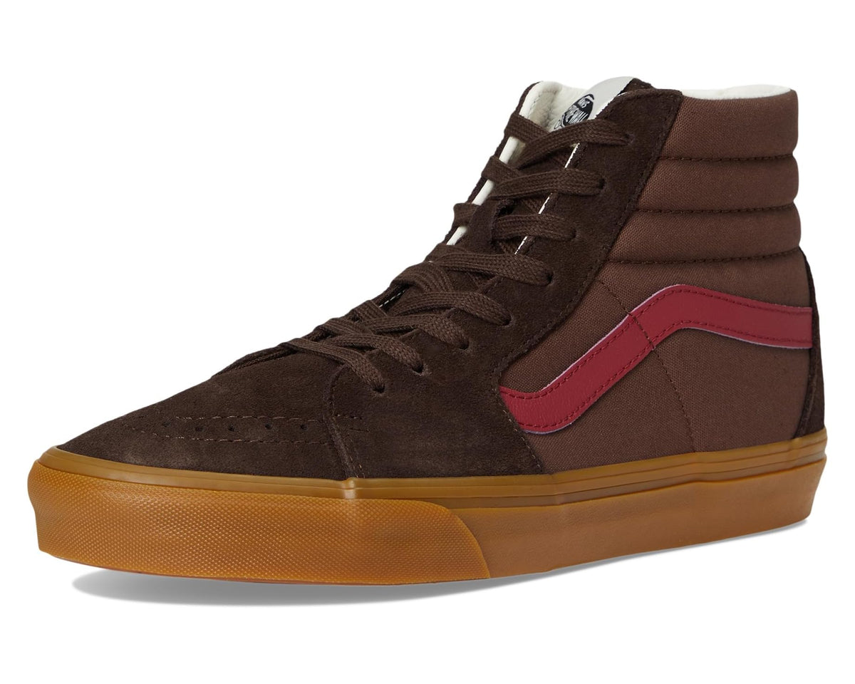 Vans high-top sneakers, front 3/4 view in brown with red stripe and gum outsole