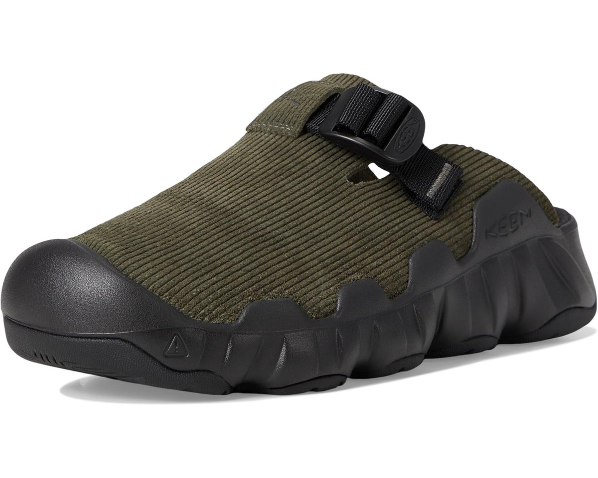Men's KEEN Hyperport clog side profile with olive textile upper and black toe guard