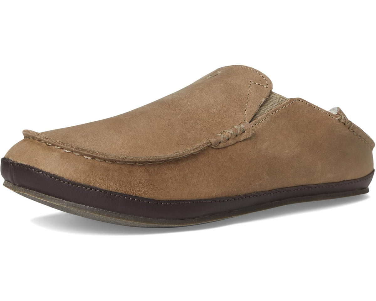 Men's OluKai Moloa suede slip-on slippers, tan upper with moc-toe stitching