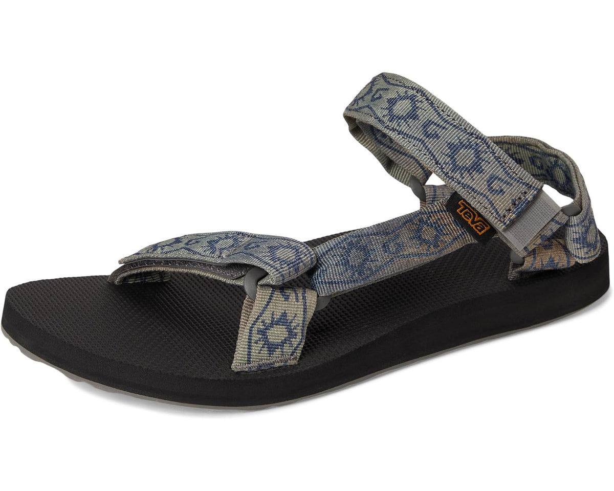 Men's Teva sport sandals front view with blue patterned straps and black textured sole.