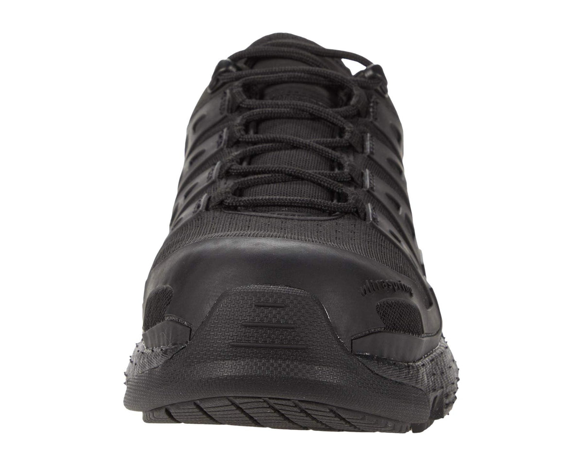 Men's black lace-up shoe toe view with smooth toe cap and supportive heel