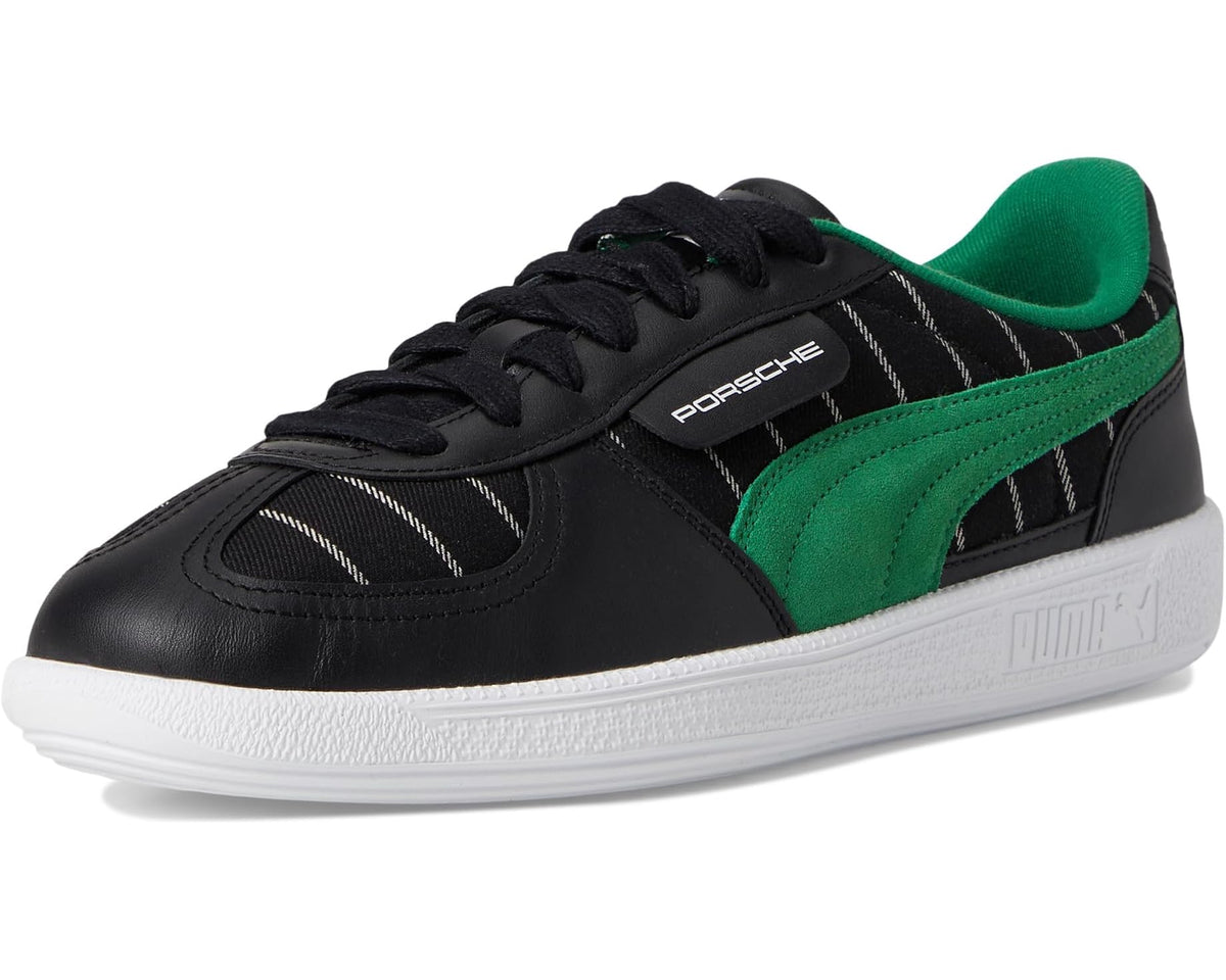 PUMA Porsche Legacy Palermo sneakers front 3/4 view, black with green accents and white sole