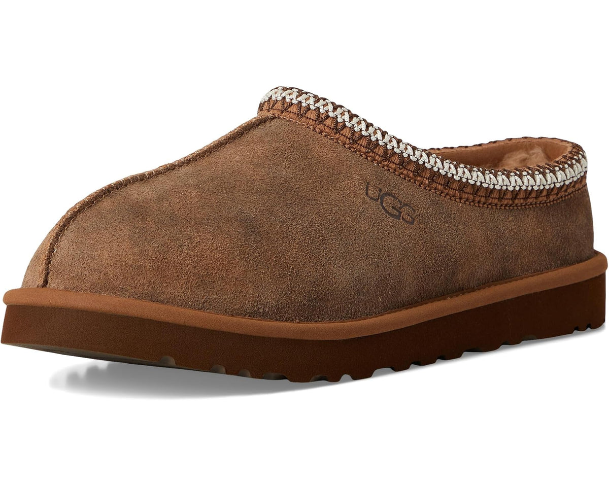 Chestnut suede slip-on slipper with braided collar trim and low-profile rubber sole