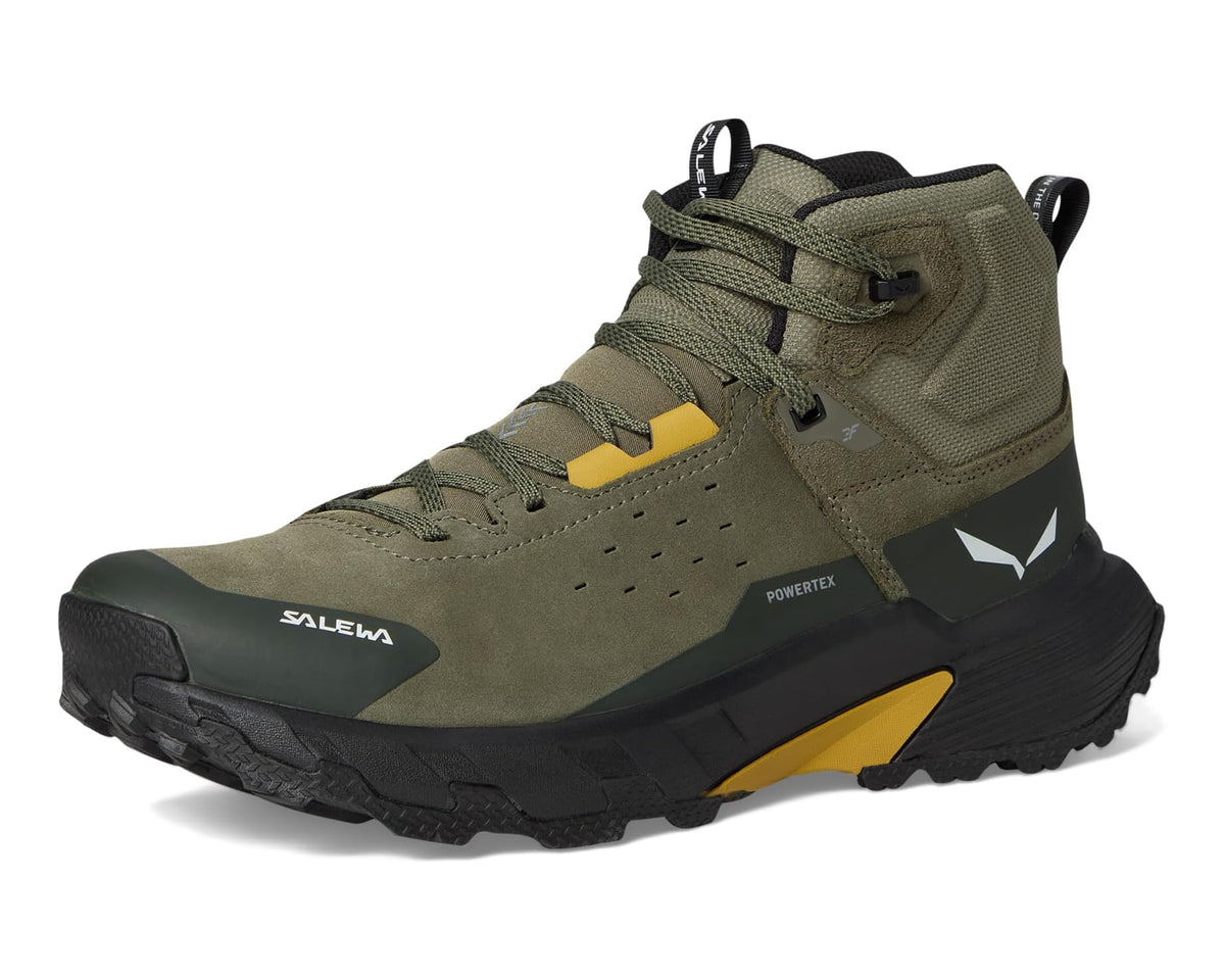 Men's mid-cut hiking boots in faded green, dark olive, and yellow with chunky sole