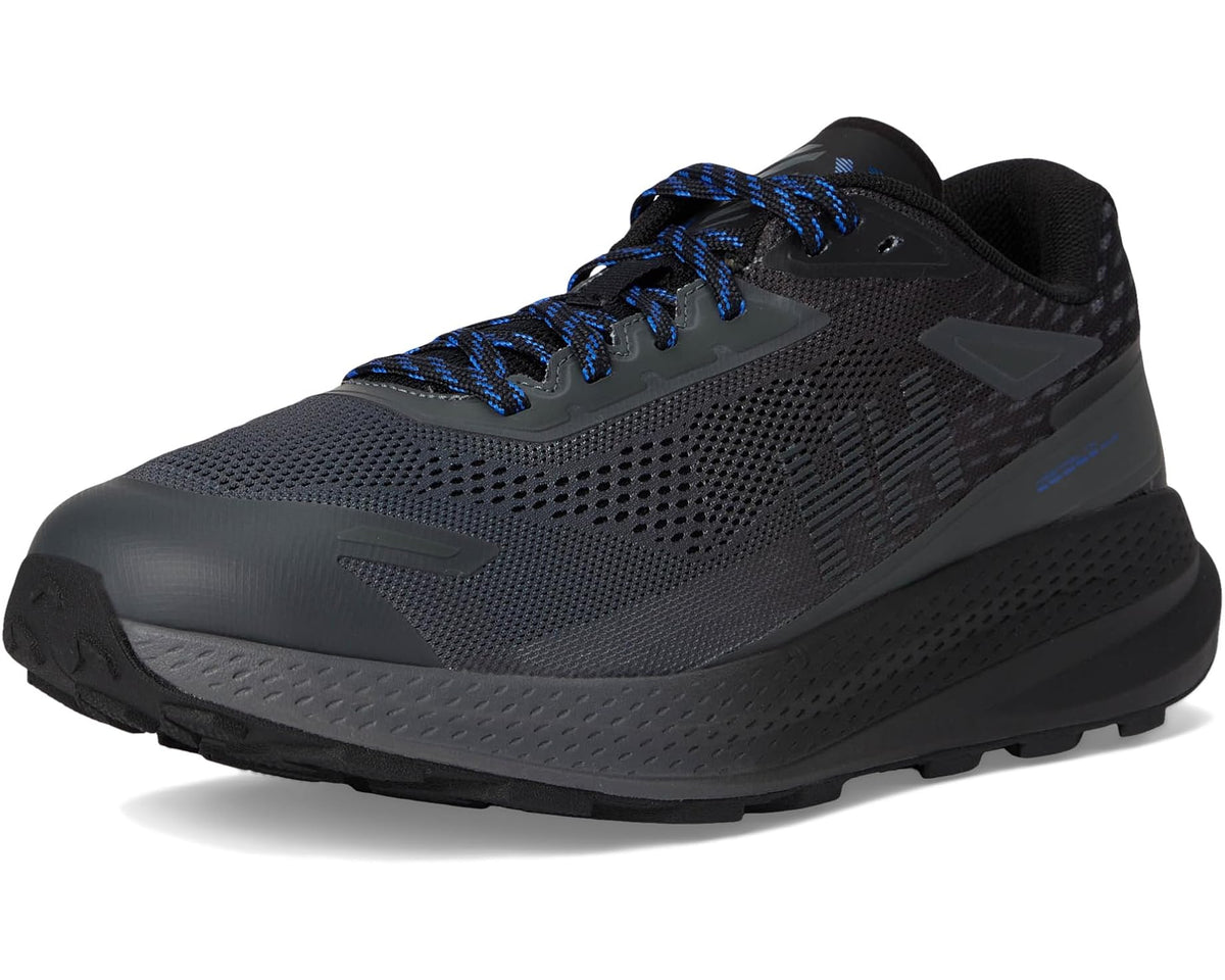 Black trail running sneaker with blue laces and trail-ready tread sole