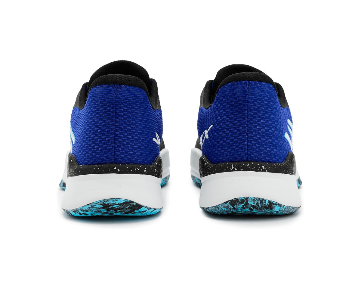 Rear view of blue SKECHERS sneakers with black heel collar and white outsole