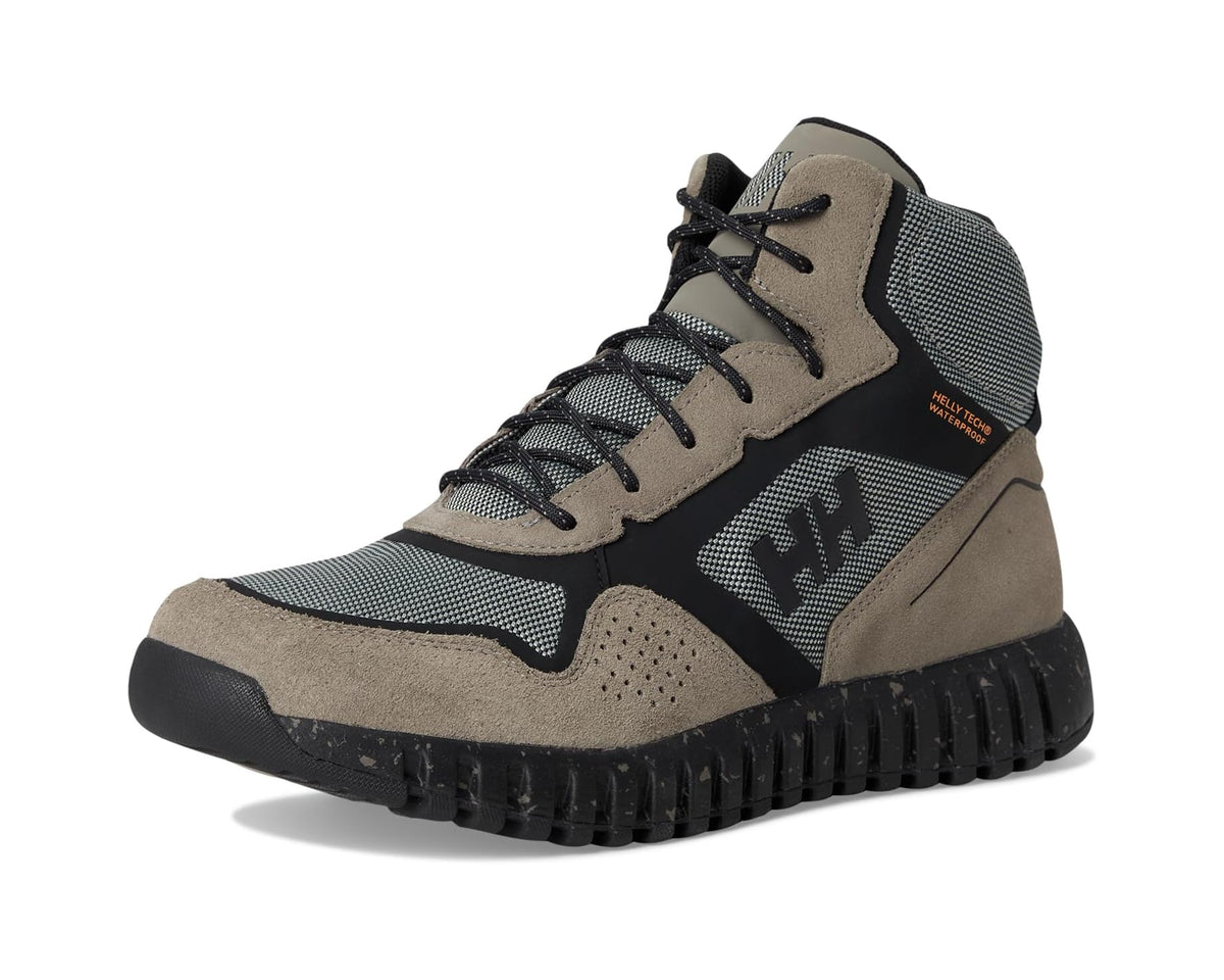 Men's high-top lace-up hiking boots in beige, gray, and black with treaded rubber sole