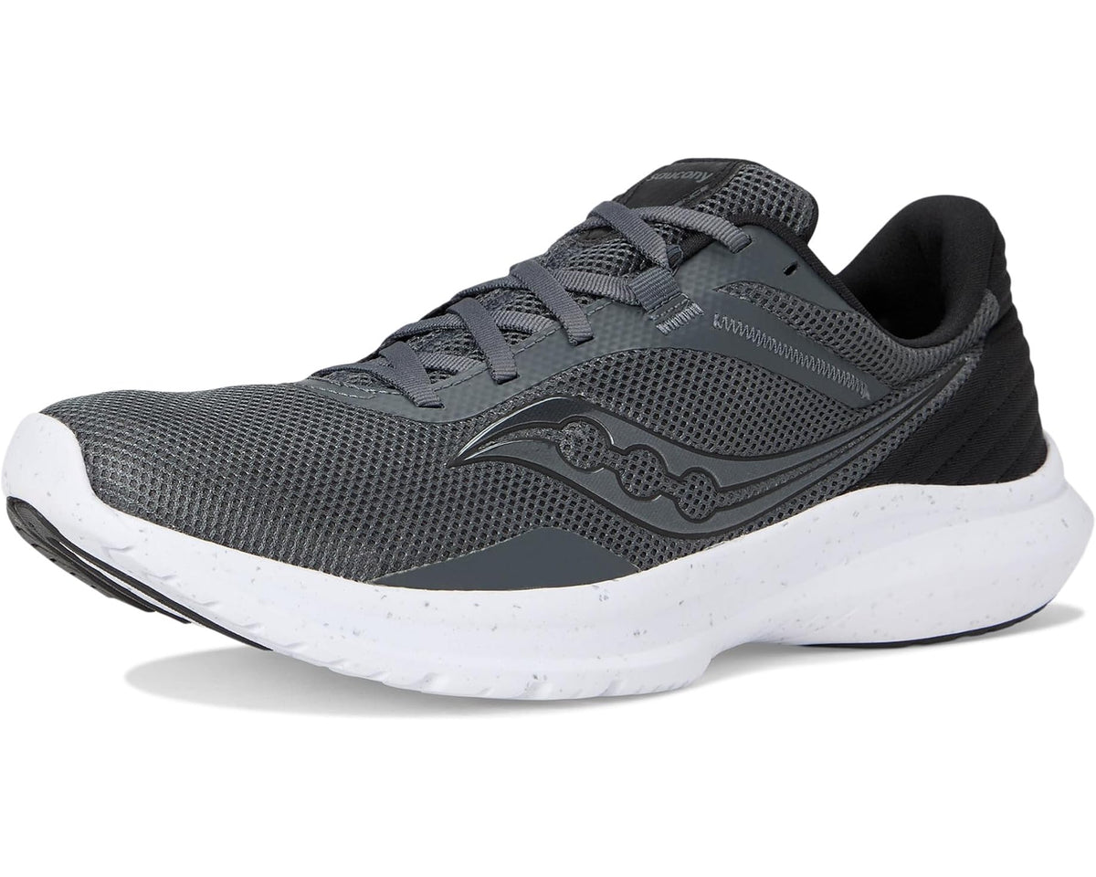 Men's dark gray lace-up running shoes with white midsoles and cushioned tongue
