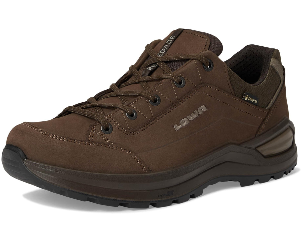 Men's brown lace-up hiking shoe angled front view with padded collar