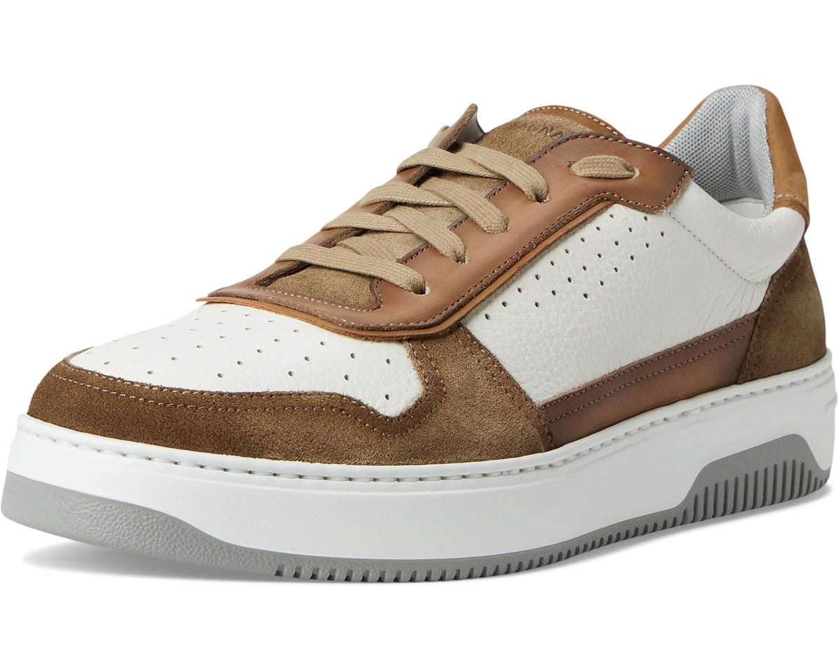 Men's Magnanni low-top sneaker front 3/4 view in white and taupe with brown suede trim