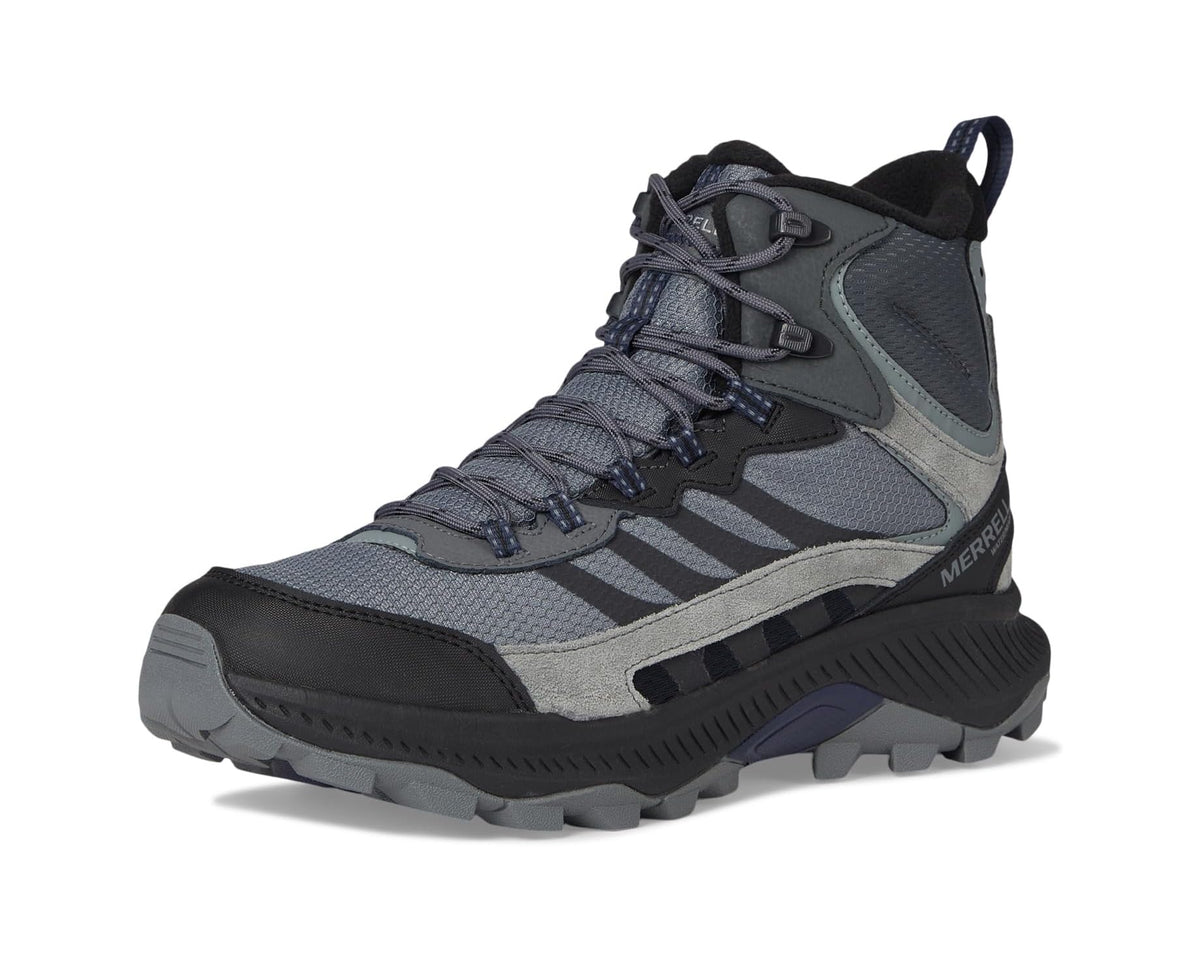 Men's mid waterproof hiking boot front view, gray/black uppers with lace-up and chunky sole.