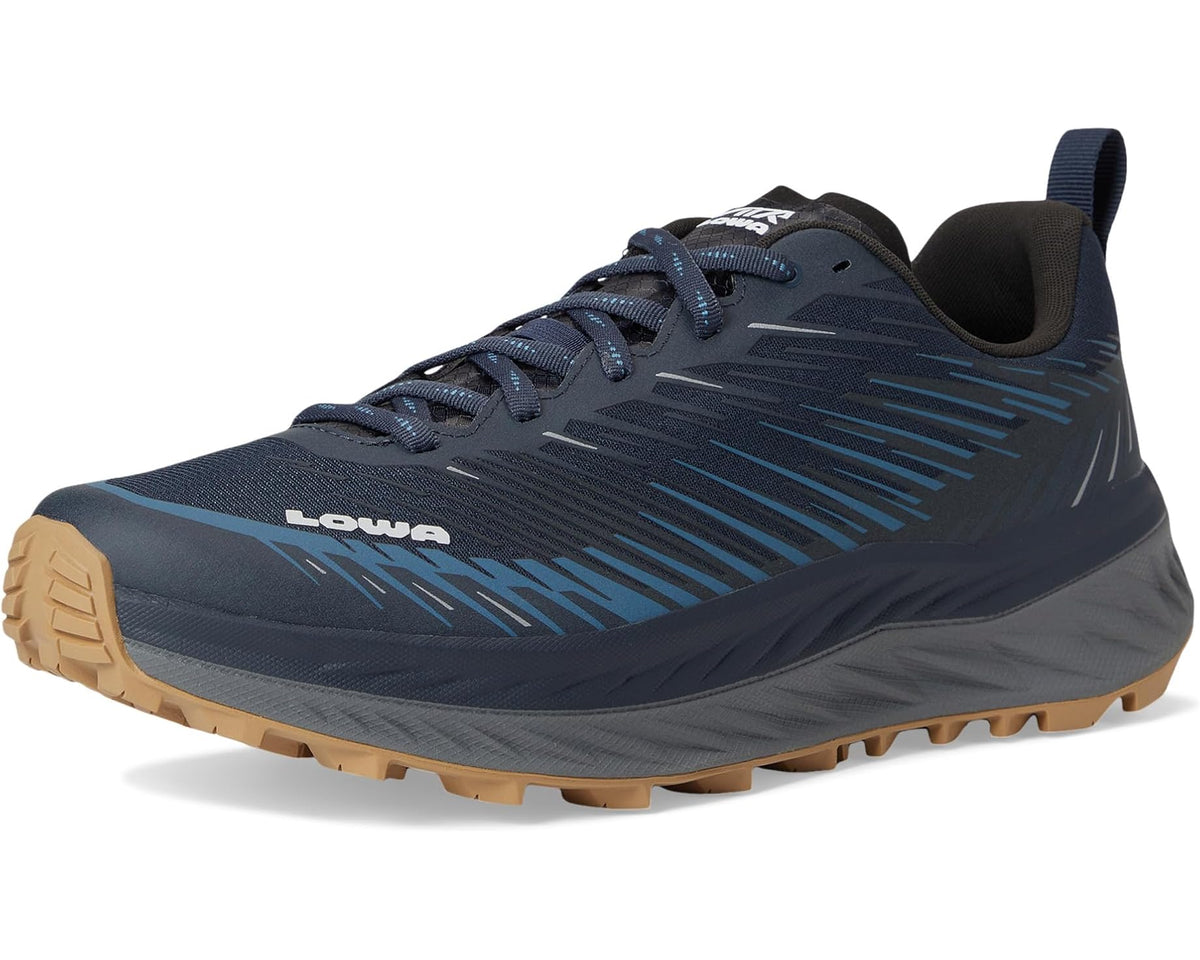 Men's dark navy trail running shoe with blue streak design and tan tread
