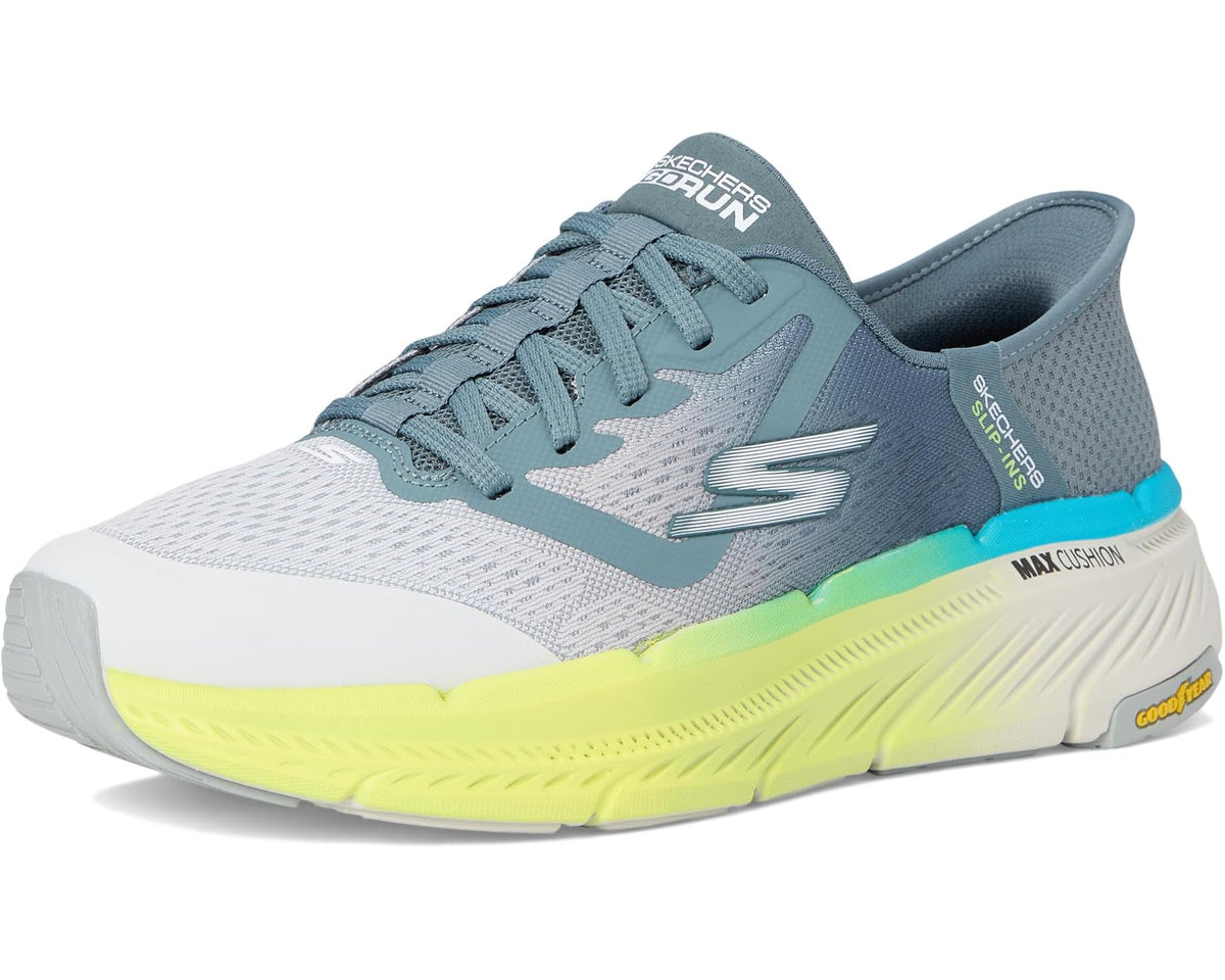 Men's angled view slip-on sneakers in gray with teal logo and neon yellow sole