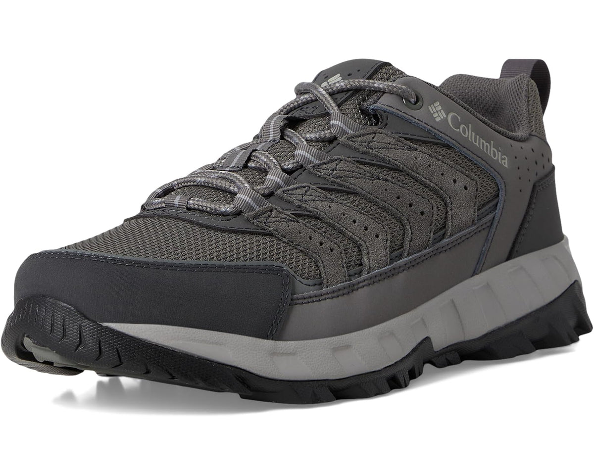 Lace-up low trail shoe in charcoal gray with padded tongue and rugged rubber sole