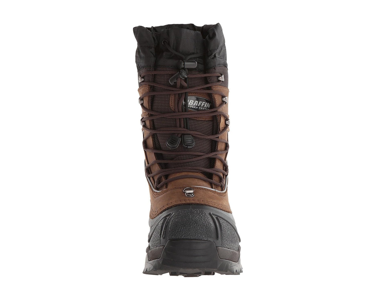 Men's snow boot shaft with worn brown leather, dark laces, and metal eyelets